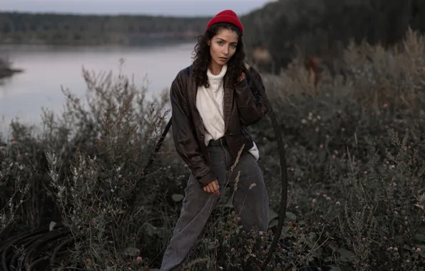 Picture girl, pose, jeans, brunette, jacket, the cable, cap, nature