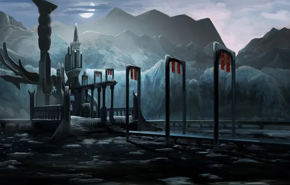 Mountains, night, bridge, lake, stones, building, art, arch