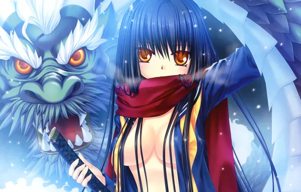 Picture winter, chest, girl, snow, weapons, dragon, katana, anime