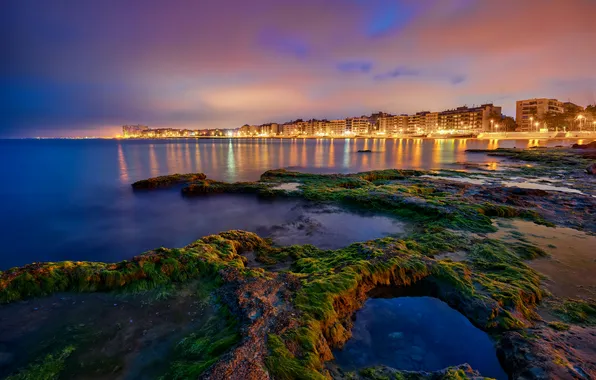 Picture sea, night, the city, lights, coast, Spain, Torrevieja