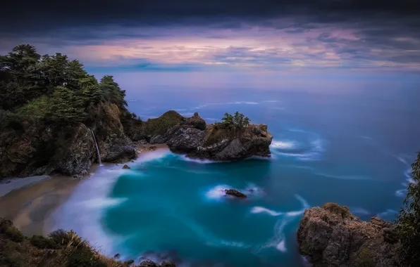 The ocean, rocks, coast, waterfall, Pacific Ocean, California, The Pacific ocean, Big Sur