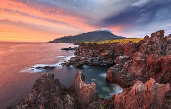 Sea, landscape, sunset, mountains, nature, rocks, shore, island