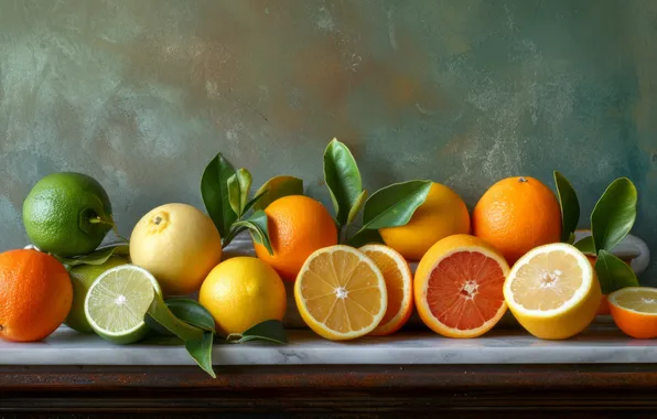 Leaves, wall, oranges, shelf, lime, still life, citrus, halves