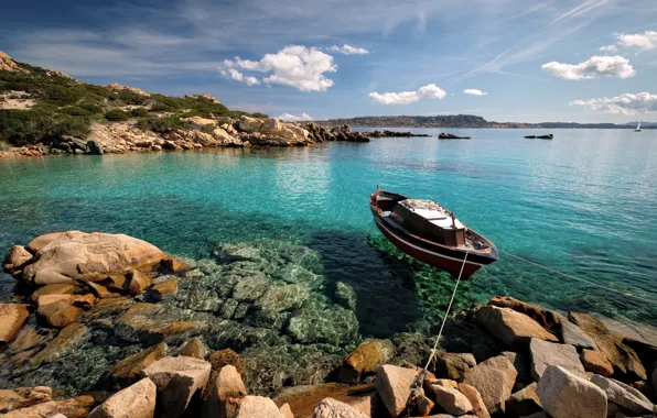 Picture sea, landscape, nature, stones, boat, Italy, Sardinia