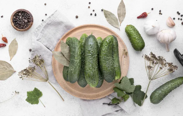 Table, dill, cucumbers, spices, salting, blank