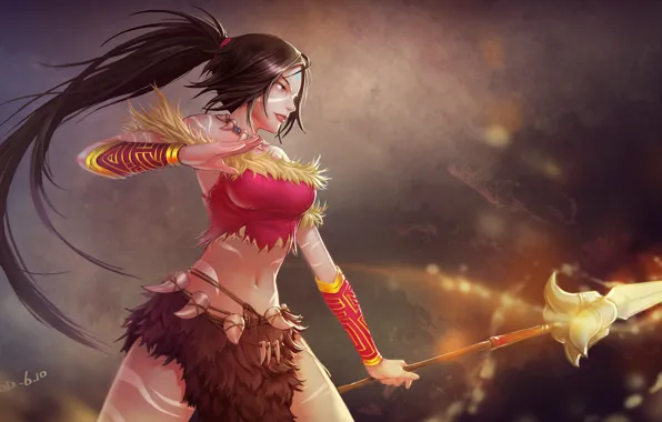 Picture girl, background, art, spear, league of legends, nidalee, zxbvincent, namiko