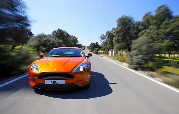 Aston Martin, Auto, Road, Orange, The front, Sports car, stratus