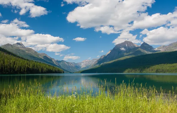 Clouds, mountains, lake, Montana, Glacier National Park, Montana, Glacier national Park, Bowman Lake