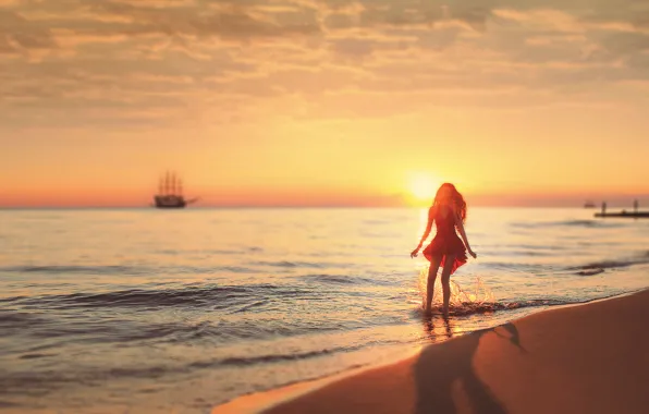 The sun, Sand, Sea, Beach, Girl, Dress