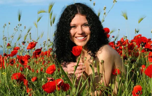 Field, summer, the sky, girl, flowers, face, smile, mood