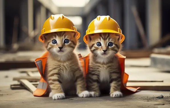 Look, cats, pose, kitty, kittens, grey, helmets, builders