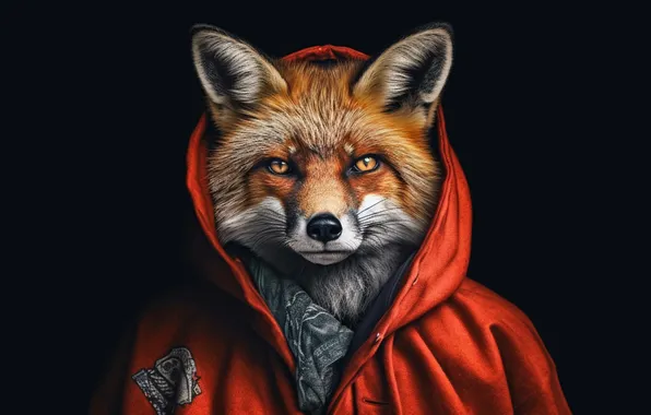 Look, portrait, jacket, Fox, hood, Fox, red, black background