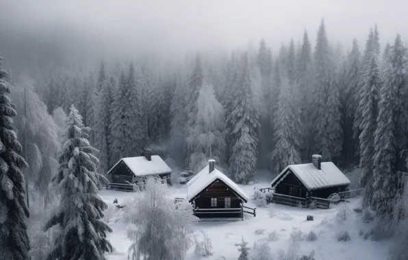 Winter, forest, snow, hut, houses, house, hut, AI art