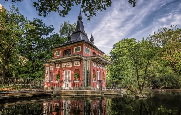 Picture greens, the sky, the sun, clouds, trees, pond, Park, house