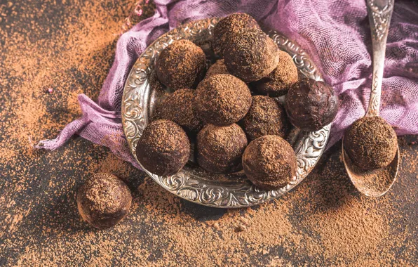 Balls, table, plate, candy, spoon, fabric, placer, dessert