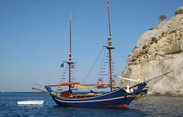 The sky, blue, rocks, sailboat, Ships, boat, The Mediterranean sea