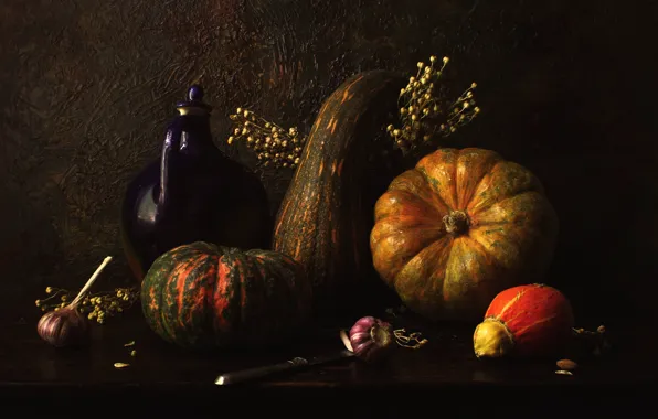 Picture bouquet, pumpkin, pitcher, still life, items, composition, garlic
