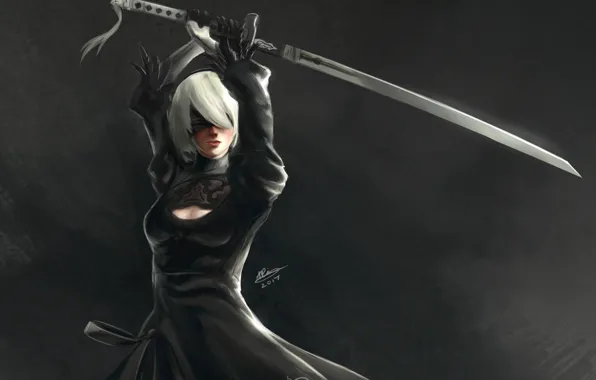 Girl, robot, sword, headband, cyborg, art, NieR: Automata, YoRHa No.2 Type B