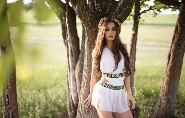 Picture look, girl, trees, wreath, long hair, tunic, Sergey Sorokin