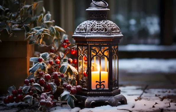Winter, snow, decoration, night, New Year, Christmas, lantern, light