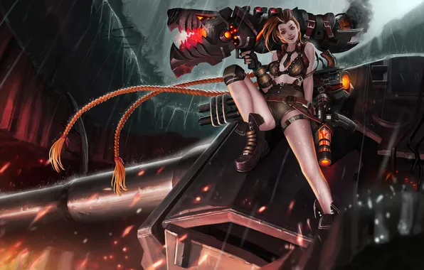Girl, metal, weapons, smoke, art, league of legends, jinx