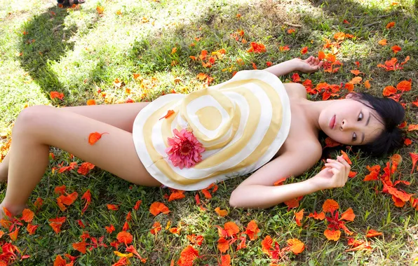 Grass, girl, hat, petals, brunette, Asian