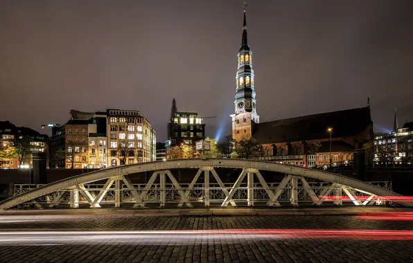 Night, bridge, lights, home, Germany, Church, Hamburg, n