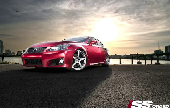 The sun, sunset, red, shadow, Lexus, pier, Lexus, 350