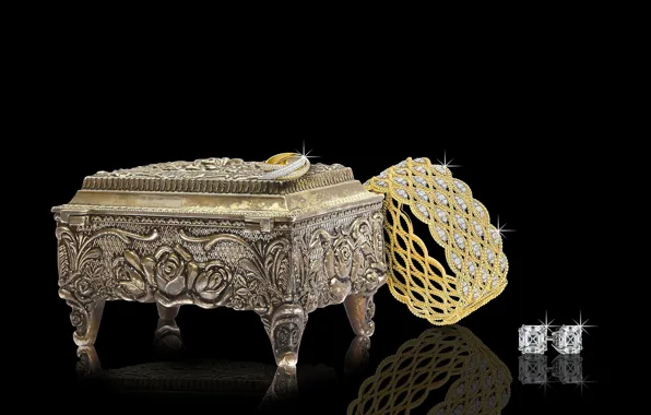 Gold, pattern, Shine, ring, diamonds, box, black background, gold