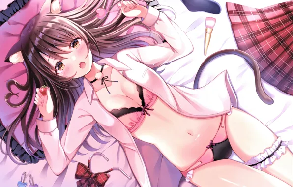 Strawberry, schoolgirl, bow, brush, garter, in lingerie, lying on the bed, skirt in a cage