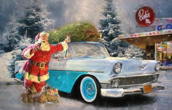 Winter, snow, retro, holiday, gifts, car, Santa Claus, Santa Claus