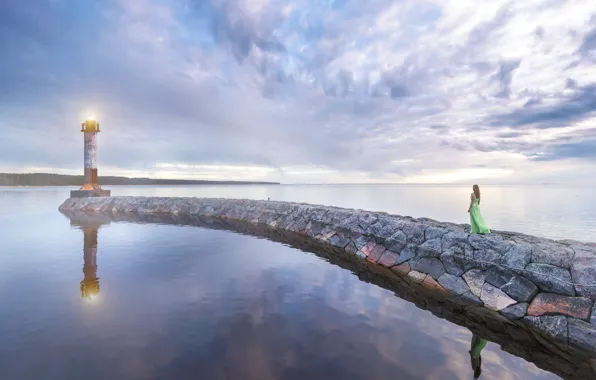 The sky, girl, nature, lake, reflection, view, lighthouse, spring