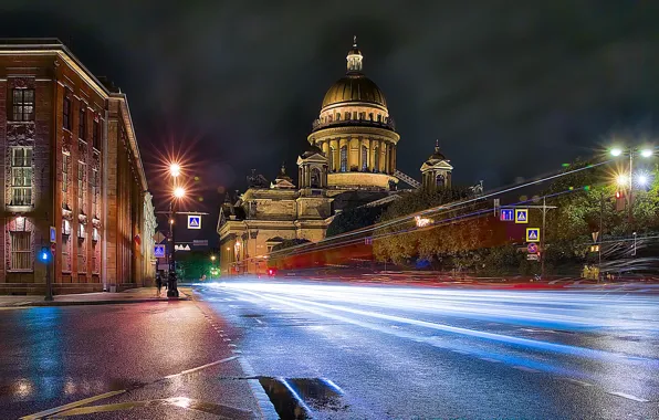 Picture road, the city, building, home, the evening, Peter, lighting, Saint Petersburg