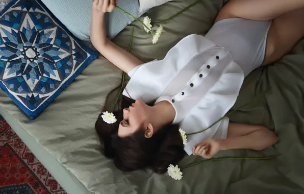 Girl, flowers, pose, mood, hair, pillow, hands, bed