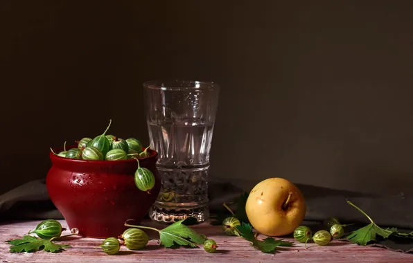 Picture glass, berries, table, apples, pot, still life, gooseberry