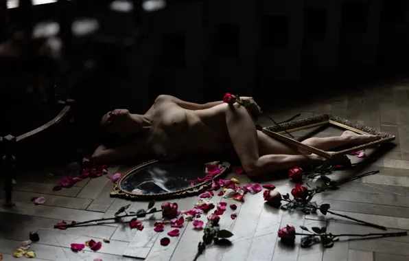 Chest, girl, flowers, pose, model, naked, body, roses