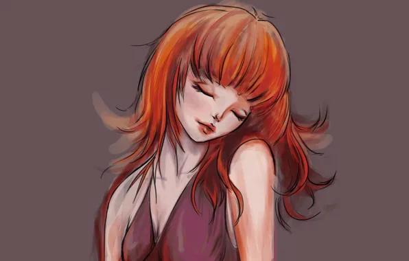 Girl, face, background, hair, hands, dress, art, red