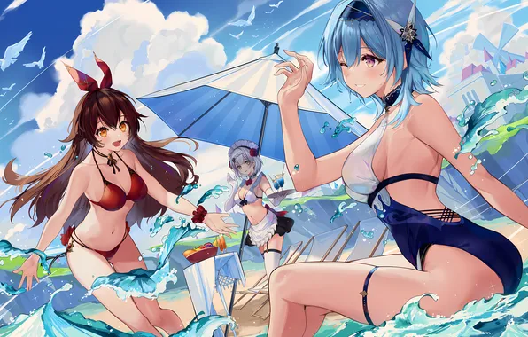 Sexy, cleavage, beach, thighhighs, legs, sea, girls, brown hair