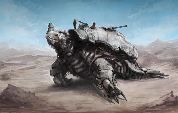 Weapons, wire, desert, people, robot, turtle, art, giant