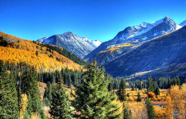 The sky, trees, mountains, sky, mountains, mountain valley