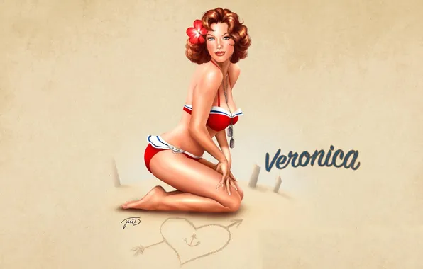 Sand, in red, pinup, Veronica