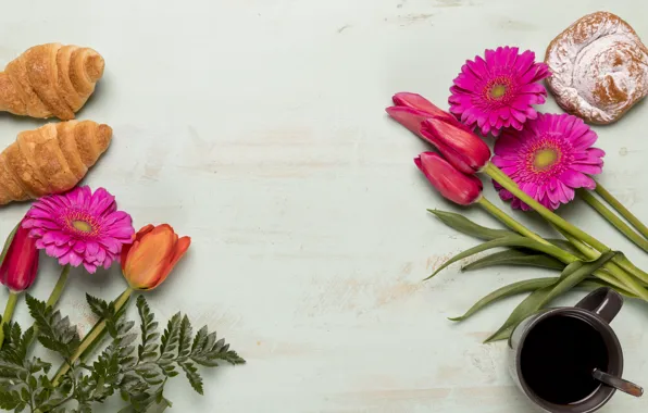 Flowers, Breakfast, tulips, gerbera, pink, flowers, tulips, coffee cup