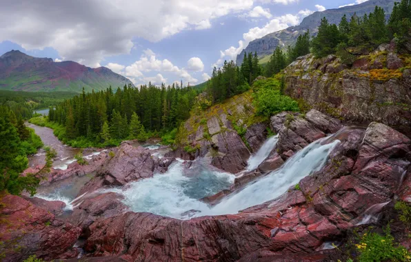 Forest, mountains, rocks, waterfall, stream