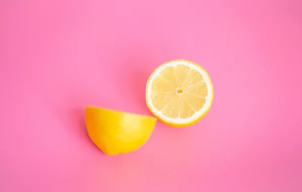 Lemon, minimalism, fruit, pink background, halves, lemons, cut