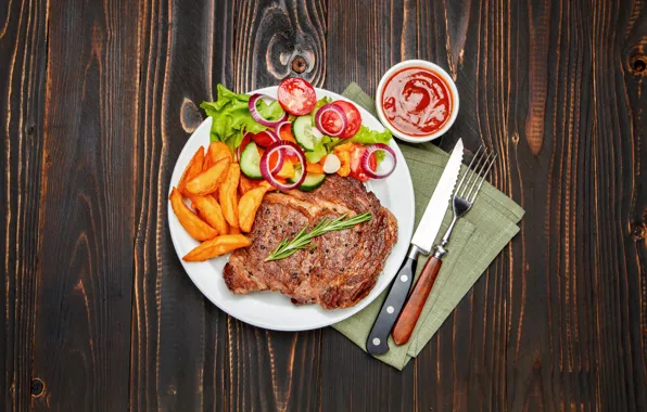 Picture background, bow, plate, knife, meat, plug, vegetables, tomatoes