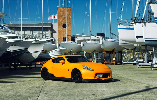 Nissan, tuning, orange, 370z, vossen, frontside