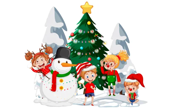 Winter, balls, snow, children, girls, figure, graphics, star