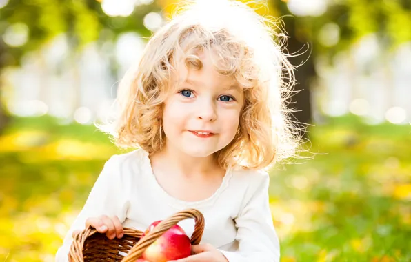 Picture autumn, smile, Park, basket, apples, curls, child