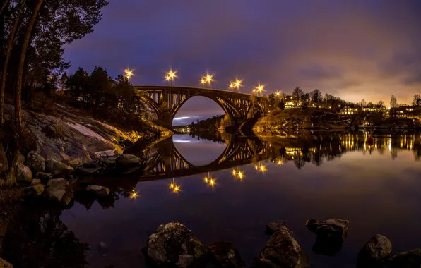 Night, bridge, lights, reflection, river, Sweden, Skurubron