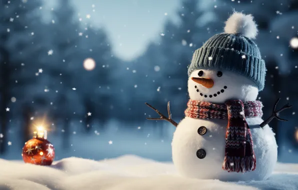 Winter, snow, New Year, Christmas, snowman, happy, Christmas, night